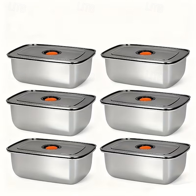  6-delade 50.72oz rostfria matförvaringsbehållare, lunchlådor för kylskåp och frys, hållbart köksförvaringsset