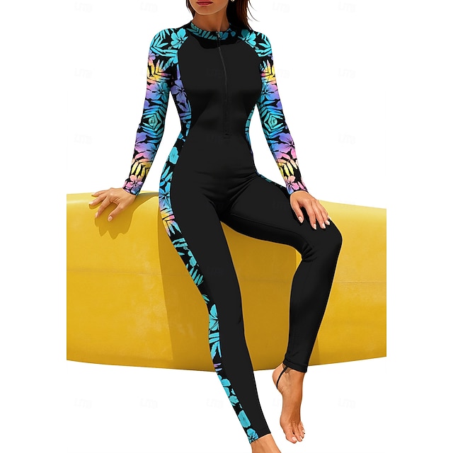 Full Body Rash Guard Dive Wetsuit One Piece Surfing Suit Color-blocking With Built in Bra Uv Protection Tummy Control Long Sleeve Swimwear Surfing Canoeing Snorkeling Autumn