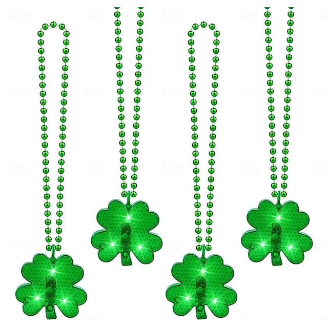  2 Pcs St. Patrick's Day Irish Shamrock LED Light-Up Bead Necklace, Party Celebration, Festival Decoration, Green Shamrock Necklace for Holiday, Event, and Party Accessories