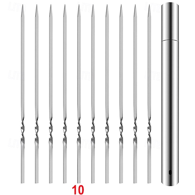  أسياخ شواء من الفولاذ المقاوم للصدأ 304 بطول 35 سم / 13.8 بوصة، أسياخ كباب مسطحة مع أنبوب تخزين معدني محمول عريض، أعواد شواء قابلة لإعادة الاستخدام للحوم والروبيان والدجاج والخضروات