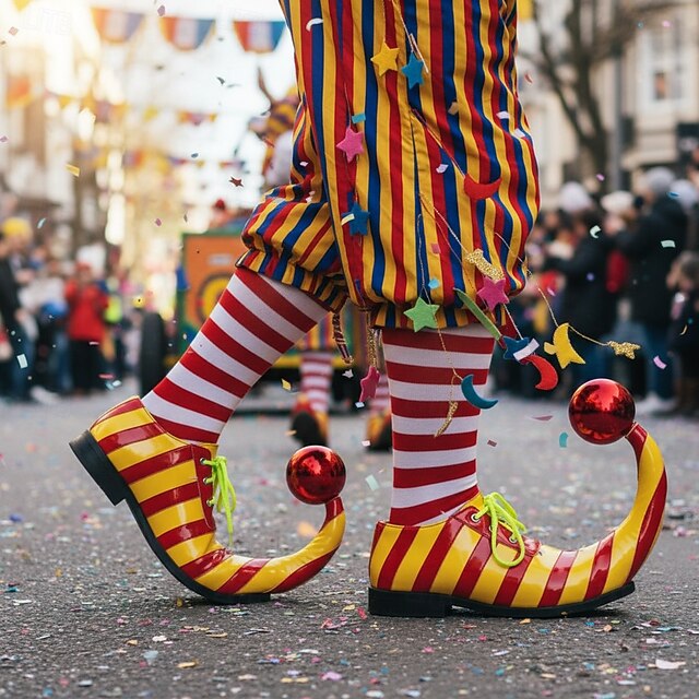 Men's Mardi Gras Striped Clown Shoes, Red & Yellow, Pointed Toe with ...