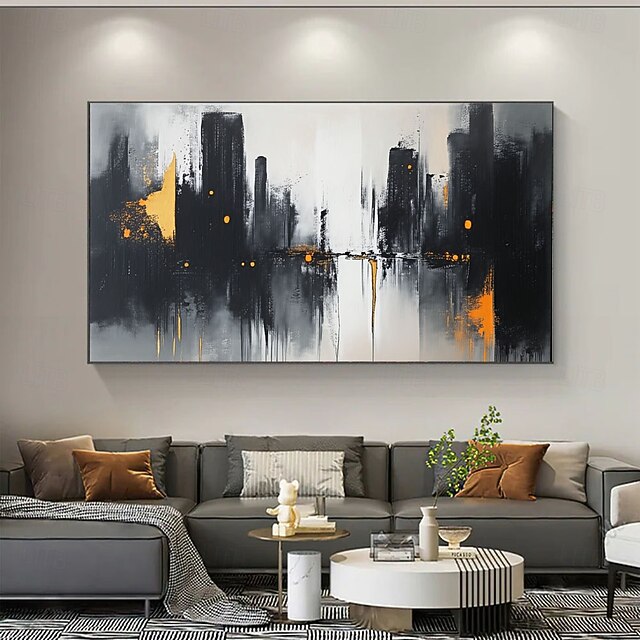 Grande peinture à l'huile abstraite noire et or, peinte à la main ...