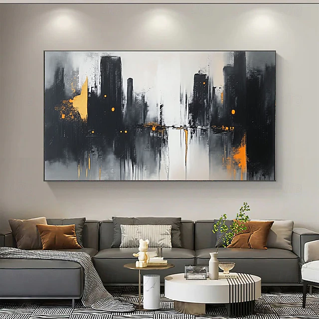 Grande peinture à l'huile abstraite noire et or, peinte à la main ...