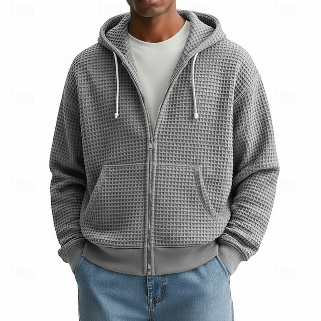 Men's Hoodie Full Zip Hoodie Waffle Hoodies Light Grey Hooded Plain Zipper Textured Casual Daily Sports & Outdoor Polyester Streetwear Cool Sportswear All Seasons Clothing Apparel Hoodies Sweatshirts 