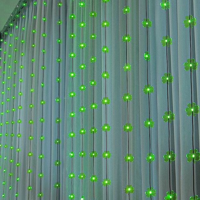  Irsk kløverlignende gardinlyslenke til St. Patricks dag, 3 m bredde, grønt lys, USB-drevet, 8 funksjoner med fjernkontroll, innendørs soverom, stue, balkong, festdekorasjon