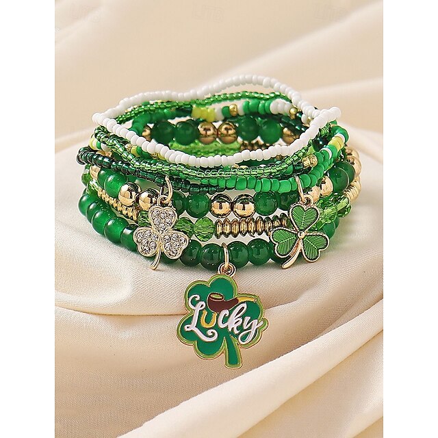 Women's Lucky Green Shamrock Charm Bracelet Set– Alloy and Glass Mix ...