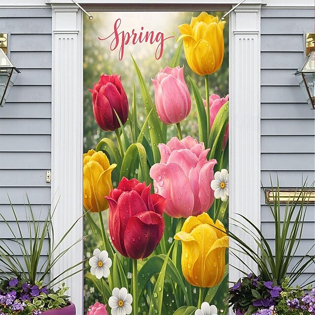 Easter Spring Tulips Door Cover, Vibrant Red, Yellow, and Pink Blooms ...