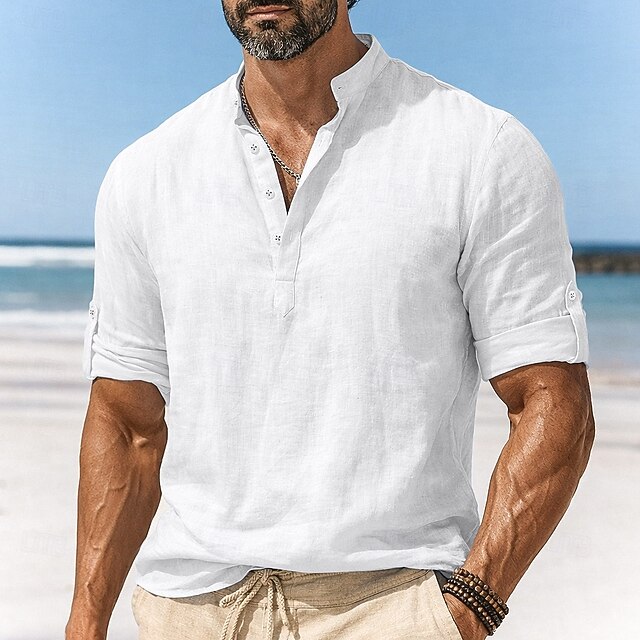Herren Leinenhemd Popover-Hemd Freizeithemd Strandhemd Stehkragenhemd ...