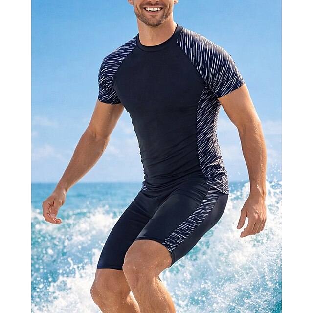 Men's Rash Guard Bathing Suit 2 Pieces Geometry Knee-Length Leg UV ...