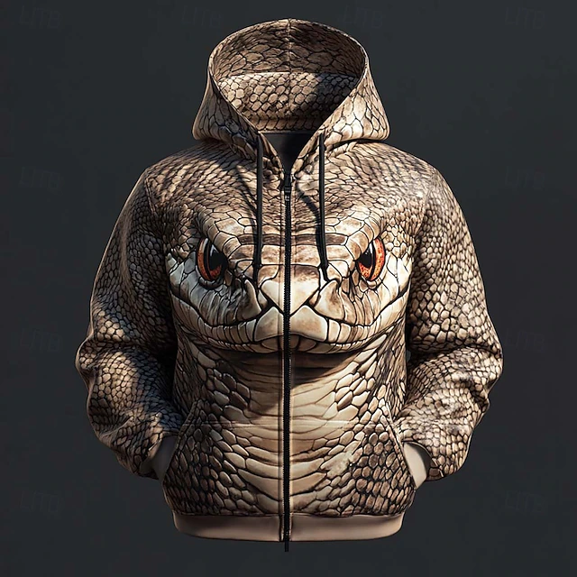 Real Python Clothes Mens Zip Up Hoodie 3D Snake Graphic Print Realistic Python Animal Scale ...