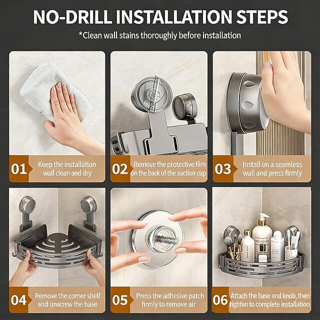 2-Tier No-Drill Bathroom Corner Shelf, Suction Cup Corner Shower Shelf ...