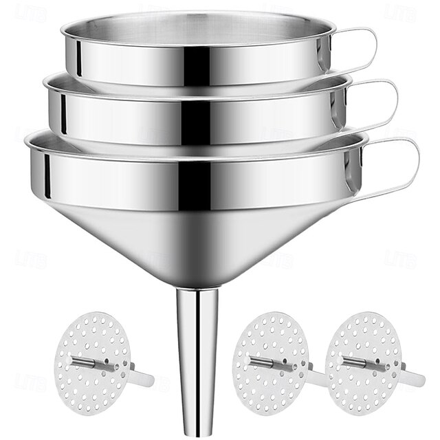  Juego de 6 filtros de embudo de acero inoxidable, 3 embudos de cocina nuevos de grado alimenticio con 3 coladores extraíbles, perfectos para transferir aceites líquidos, mermeladas, ingredientes secos