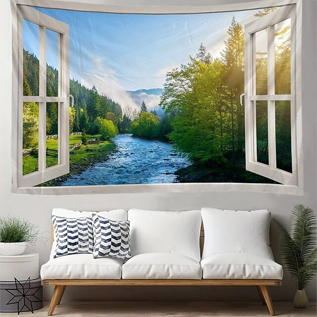 Nature Landscape Tapestry Fake Window View Mountain Lake Wall Hanging ...