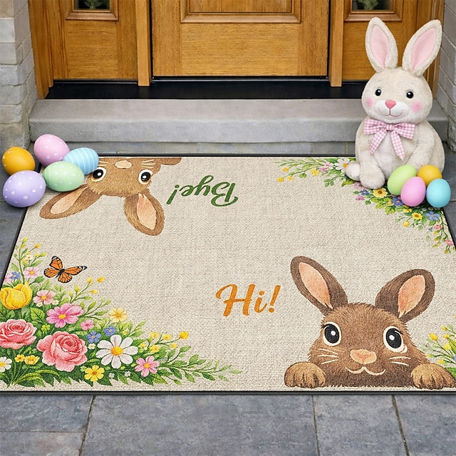 Greetings Rug Easter Doormat Bunny Duo with Hi and Bye Greetings Surrounded by Spring ...