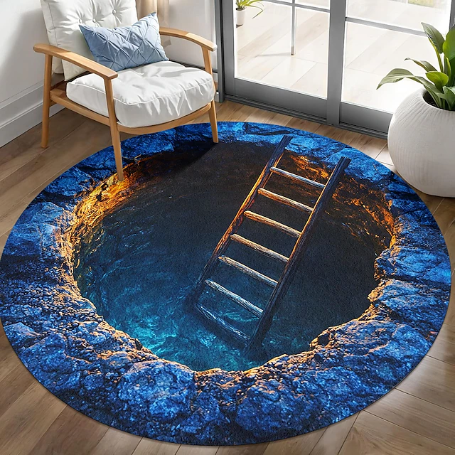 Round Area Rug 3D Optical Illusion 2D Flat Print Deep Hole with Wooden ...