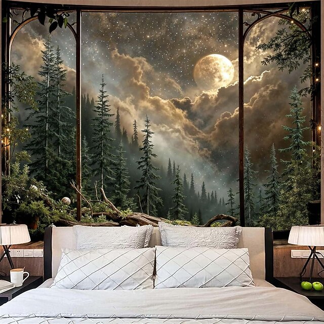 Forest Moonlight Tapestry Starry Night Sky Over Pine Trees Mystical ...