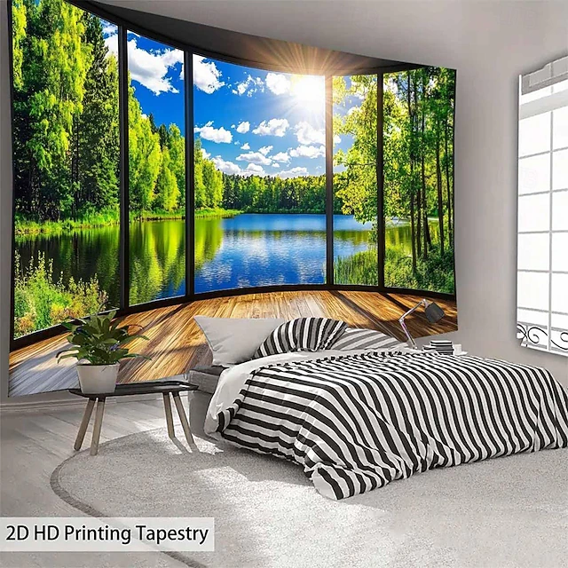 Customized Window Scenery 3D Window View Lake Tapestry Nature Forest Landscape Wall Hanging Fake ...