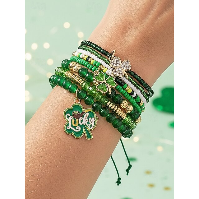 Women's Lucky Green Shamrock Charm Bracelet Set– Alloy and Glass Mix ...