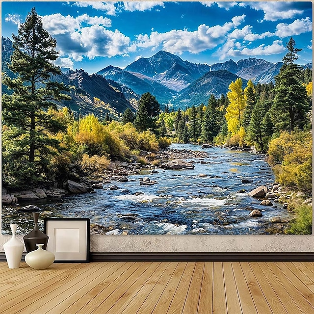 Nature Mountain River Landscape Tapestry Wall Hanging Pine Trees Autumn ...