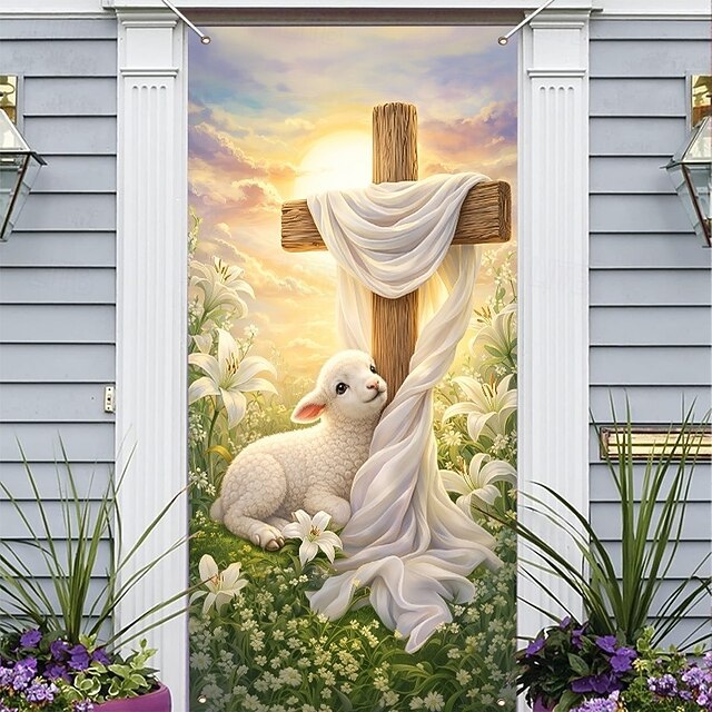 Easter Door Cover with Lamb at Cross and Lilies, Christian Religious ...