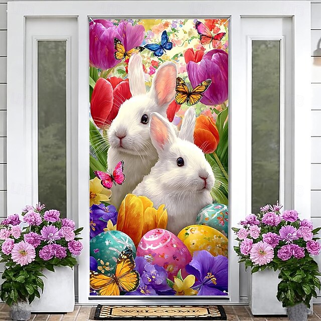 Easter Posters Door Cover Outdoor Banners Rabbit Egg Cute 3D Party Dorm ...