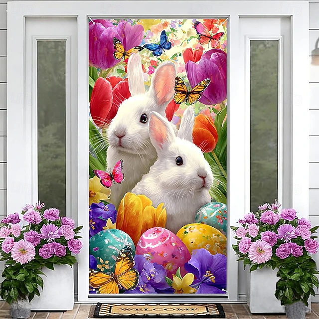 Easter Posters Door Cover Outdoor Banners Rabbit Egg Cute 3D Party Dorm ...
