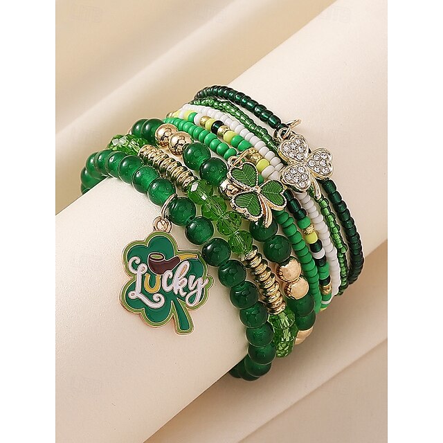 Women's Lucky Green Shamrock Charm Bracelet Set– Alloy and Glass Mix ...