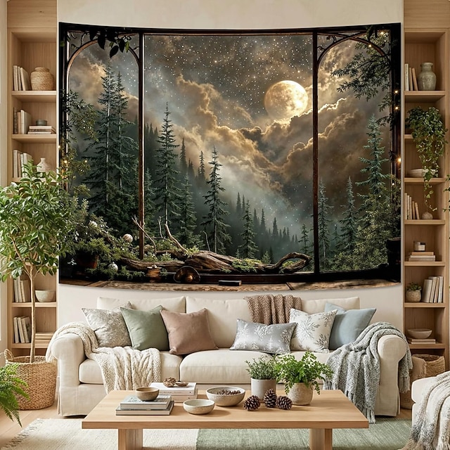 Forest Moonlight Tapestry Starry Night Sky Over Pine Trees Mystical ...