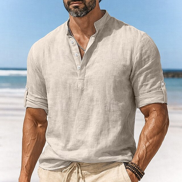 Herren Leinenhemd Popover-Hemd Freizeithemd Strandhemd Stehkragenhemd ...