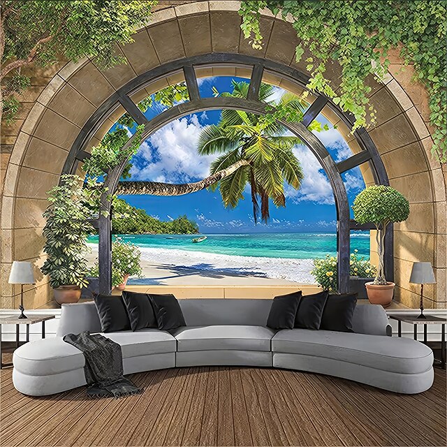 Tropical Beach Arched Window View Tapestry Ocean Waves Palm Tree Stone ...