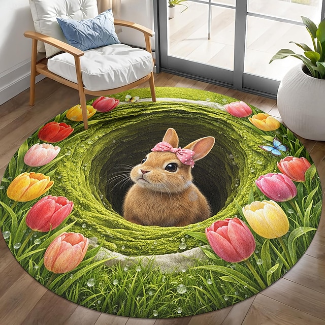 Area Rug 2d Round Area Rug 3D Optical Illusion 2D Flat Print Cute Bunny in Hole ...