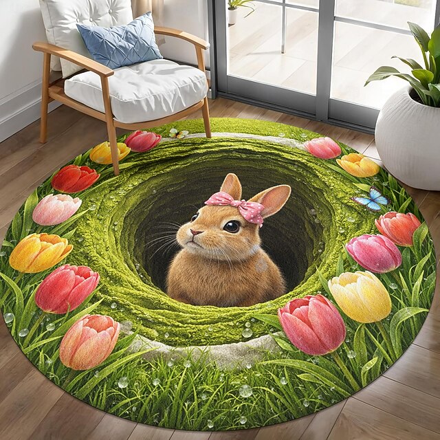 Round Area Rug 3D Optical Illusion 2D Flat Print Cute Bunny in Hole ...