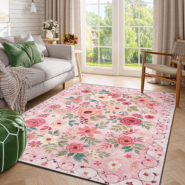 Rose Color Area Rug Floral Area Rug Pink Rose and Blossom Vine Pattern Soft Decorative ...