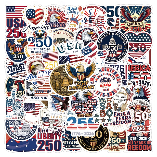 Americ Sticker 55Pcs Patriotic Stickers 250th Anniversary Celebration Vinyl Waterproof ...