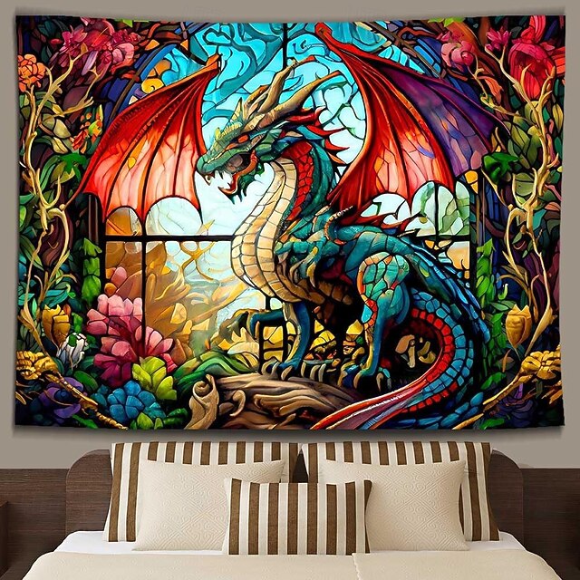 Stained Glass Dragon Tapestry Wall Hanging Fantasy Mythical Creature ...
