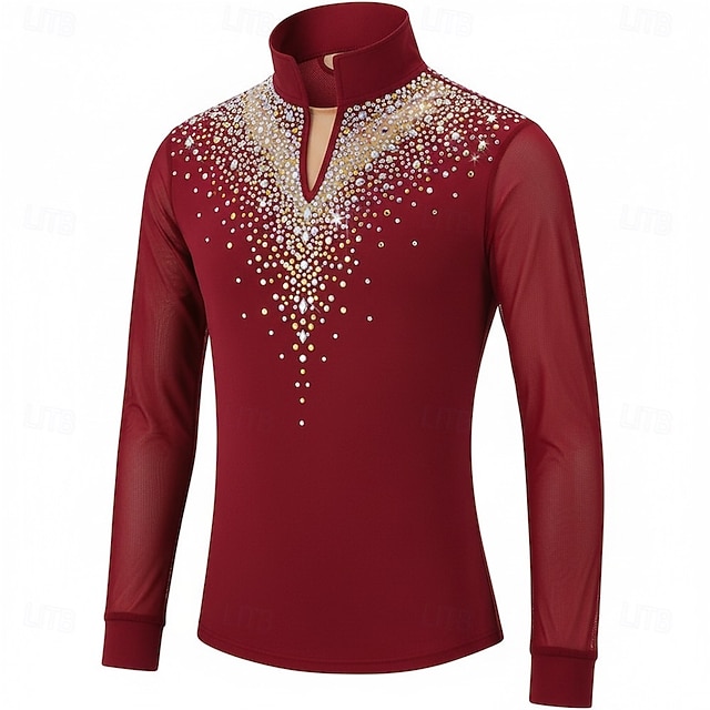 Figure Skating Top Men's Ice Skating Tops Red Patchwork Stretchy ...