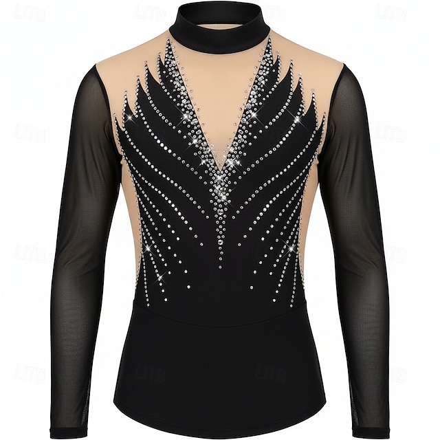 Figure Skating Top Men's Ice Skating Tops Black Patchwork Stretchy ...