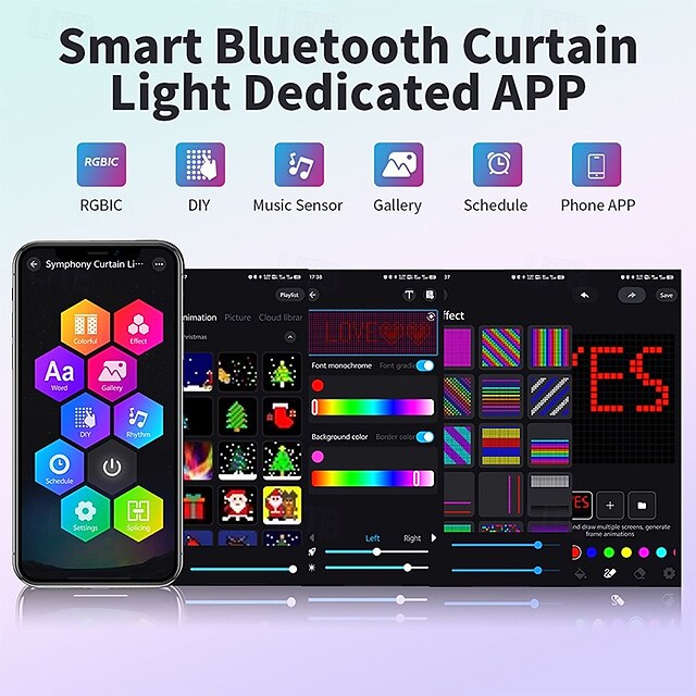 IP44 Waterproof Smart Programmable Curtain Lights, RGB Color-Changing ...