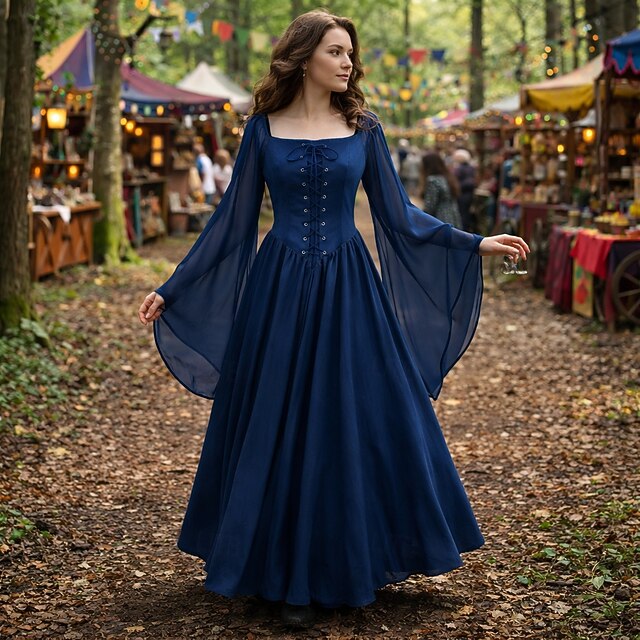 Retro Vintage Medieval Renaissance Floor Length Dress Long Sleeves ...