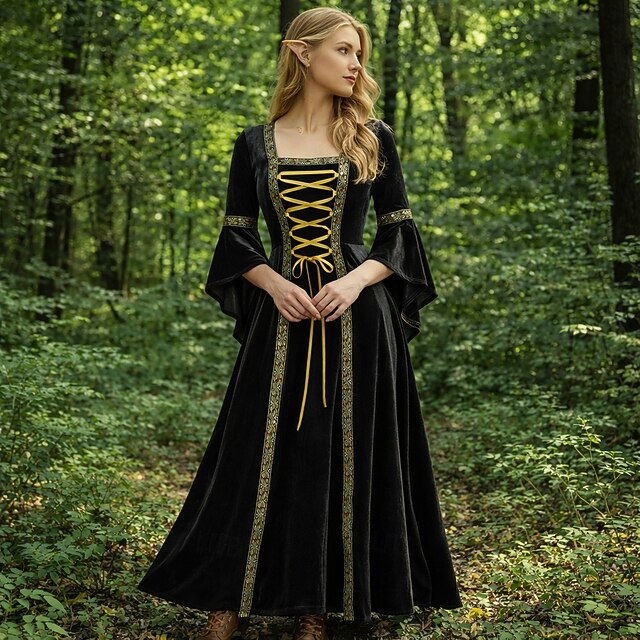 Retro Vintage Medieval Renaissance Floor Length Dress Long Sleeves ...
