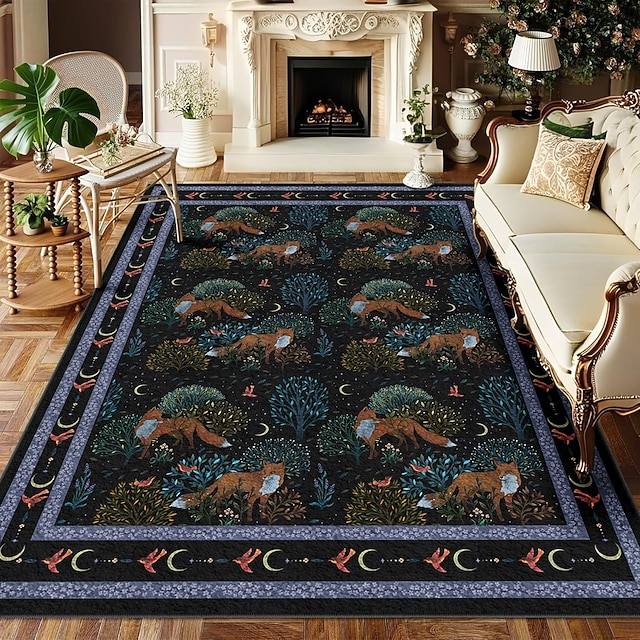 Forest Fox Area Rug with Intricate Woodland Design Featuring Shrubs and ...