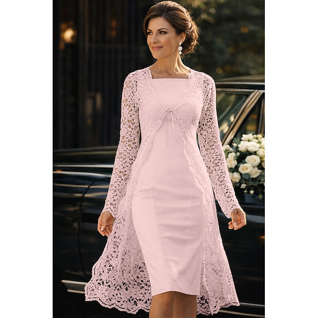 Two Piece Sheath Column Tea Length Wedding Guest Dress Mother of