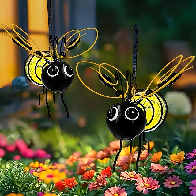  Lot de 2 lanternes solaires suspendues en forme d'abeille, étanches, avec éclairage LED décoratif pour jardin, cour, clôture, balcon, terrasse – ambiance &éclairage paysager