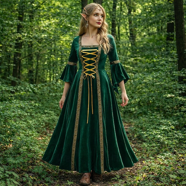 Retro Vintage Medieval Renaissance Floor Length Dress Long Sleeves ...
