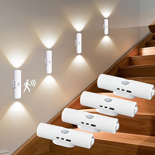  4 db mágneses, intelligens mozgásérzékelős, USB-s újratölthető éjszakai fény, háromszínű, fokozatmentes fényerővel szabályozható, 3 világítási mód, LED-lámpák beltéri használatra, lépcsőházba,