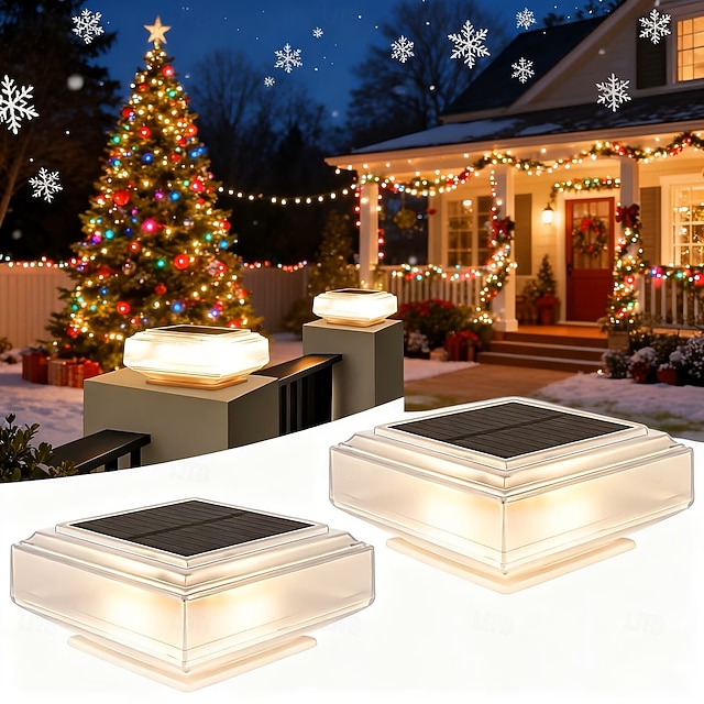  Conjunto de 2 postes de luz solar para cerca, à prova d'água, com energia solar e luz branca quente, ideais para iluminação de jardins, pátios e varandas.