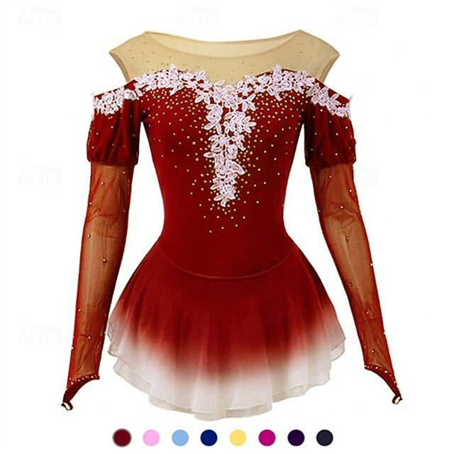  Eiskunstlaufkleid Damen Mädchen Eislaufen Kleider Gelb Rosa Dunkellila Patchwork Gitter Spandex Hochelastisch Wettbewerb Eiskunstlaufkleidung Kristalle Dummes Licht Modisch Langarm Eislaufen