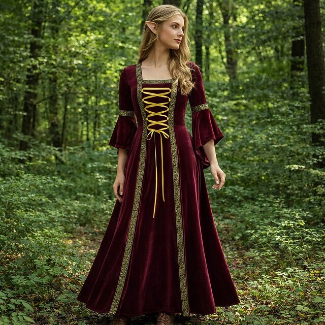 Retro Vintage Medieval Renaissance Floor Length Dress Long Sleeves ...