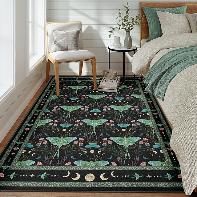 Moth Area Rug Luna Moth and Floral Pattern Area Rug with Leaves and Moon Symmetrical ...