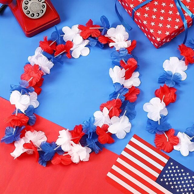 30pcs Patriotic Artificial Flowers - Red, White, and Blue Hawaiian Lei ...